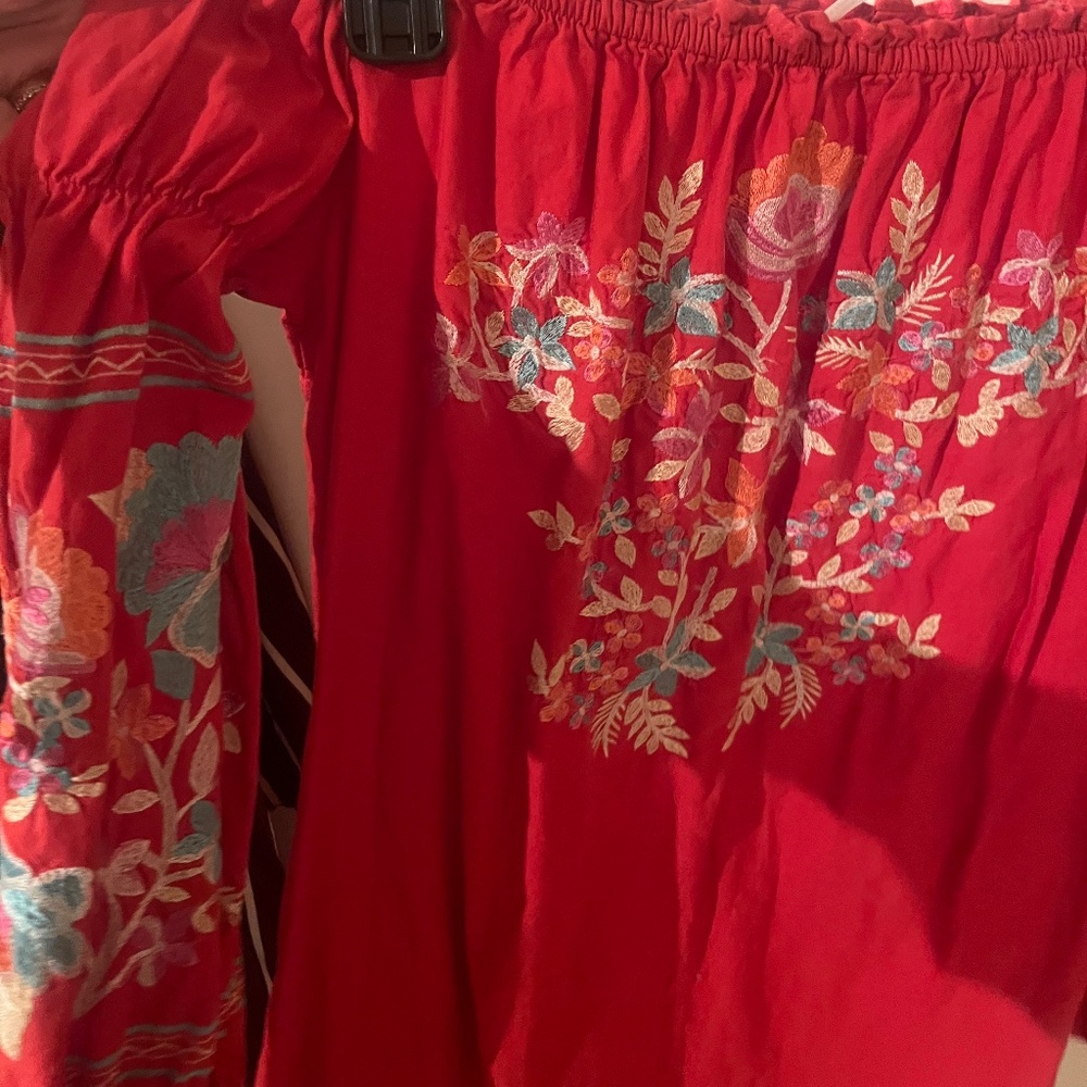 Free People Off shoulder Embroidered Dress Tunic Top Red Floral Size: Small - Picture 6 of 7